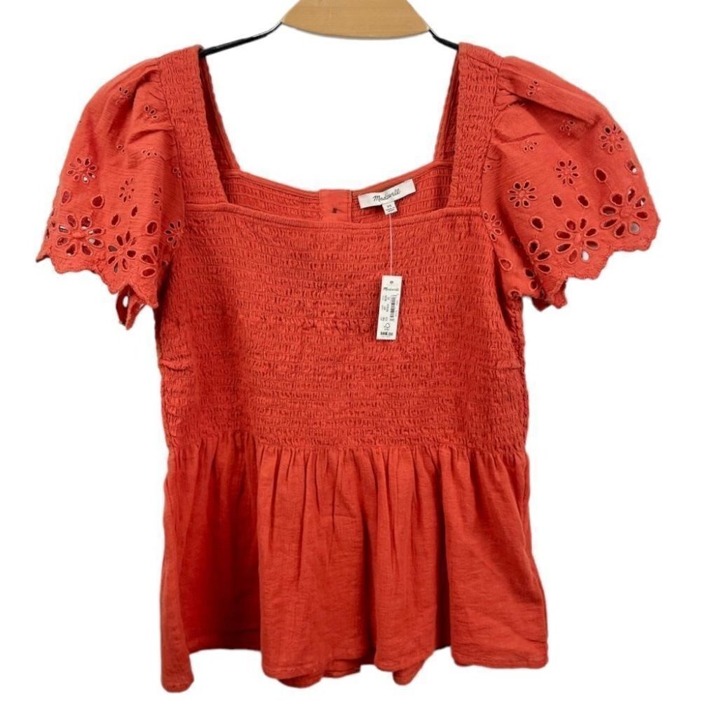 * NEW Madewell Eyelet-Sleeve Lucie Orange Smocked Peplum Top Size XS - Picture 2 of 5